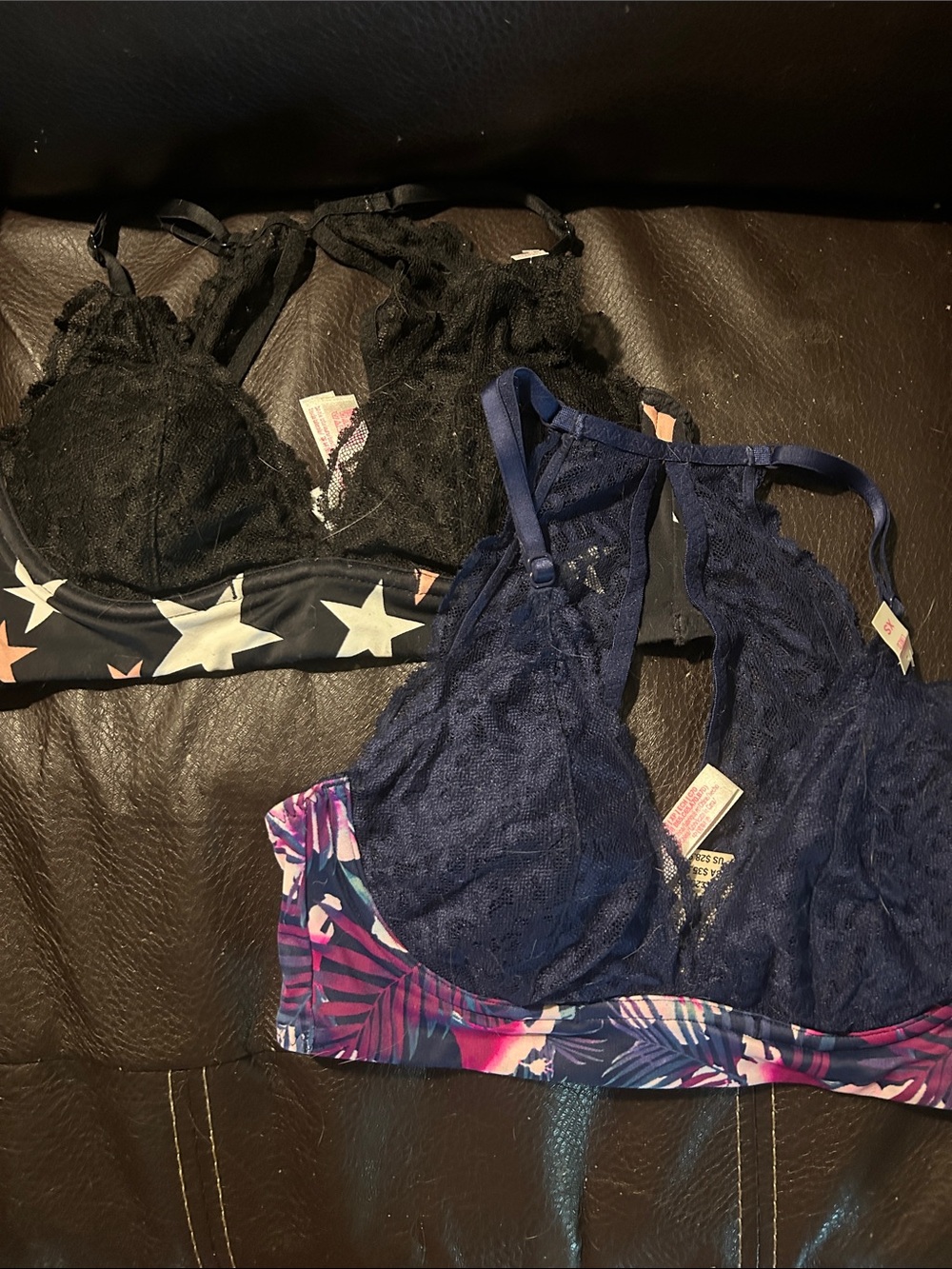 PINK Victoria's Secret Lace Bralettes in Black and Navy with Patterned Bands
